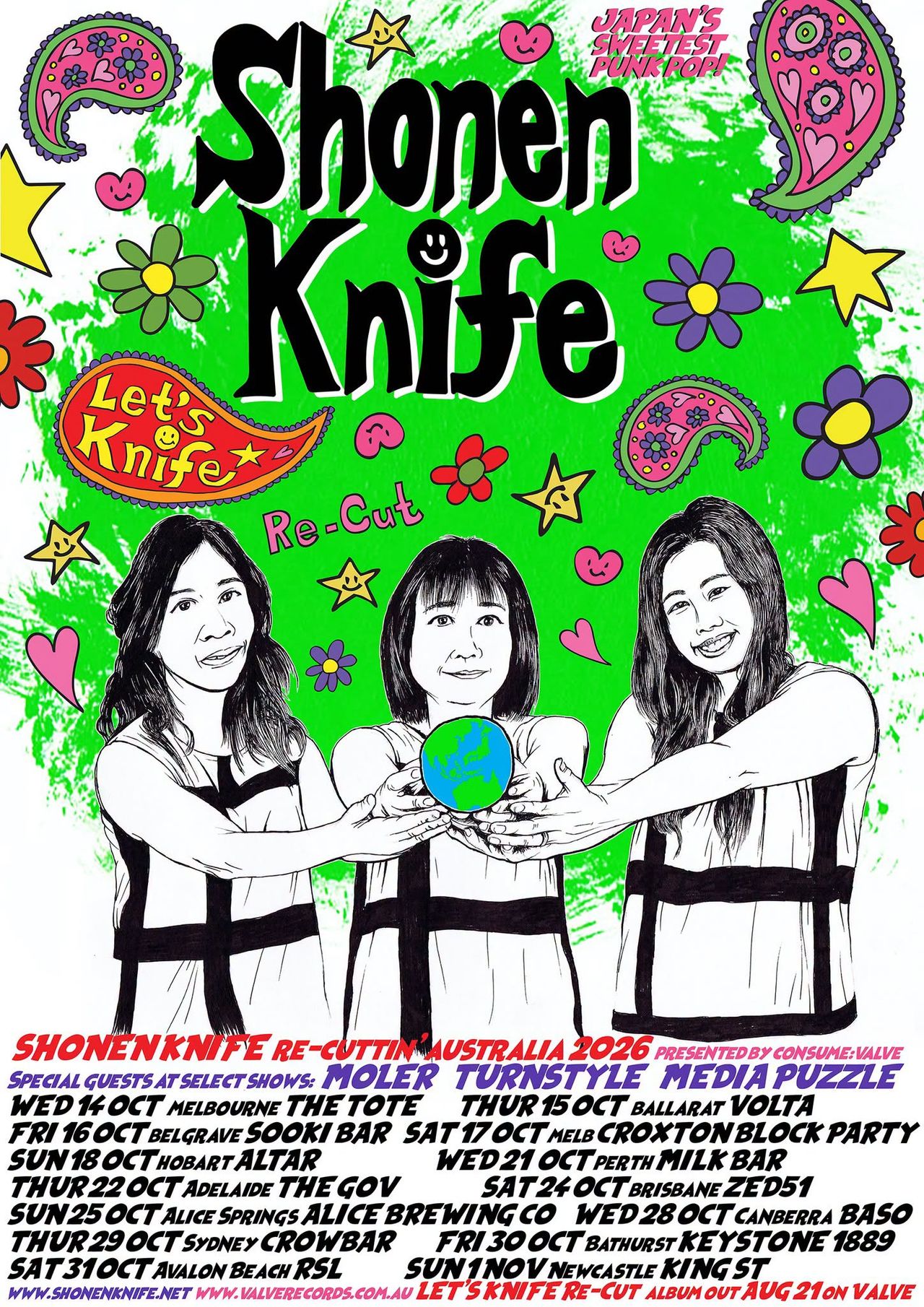 Tour poster for Shonen Knife: bright green background with illustrations of three band members holding a globe, surrounding artwork, and tour dates.